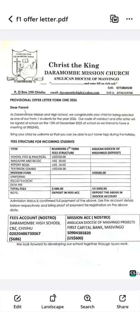 Daramombe High School Fees