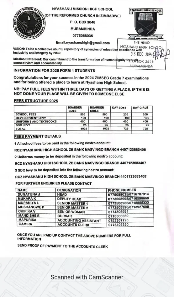 Nyashanu High School Fees 2025