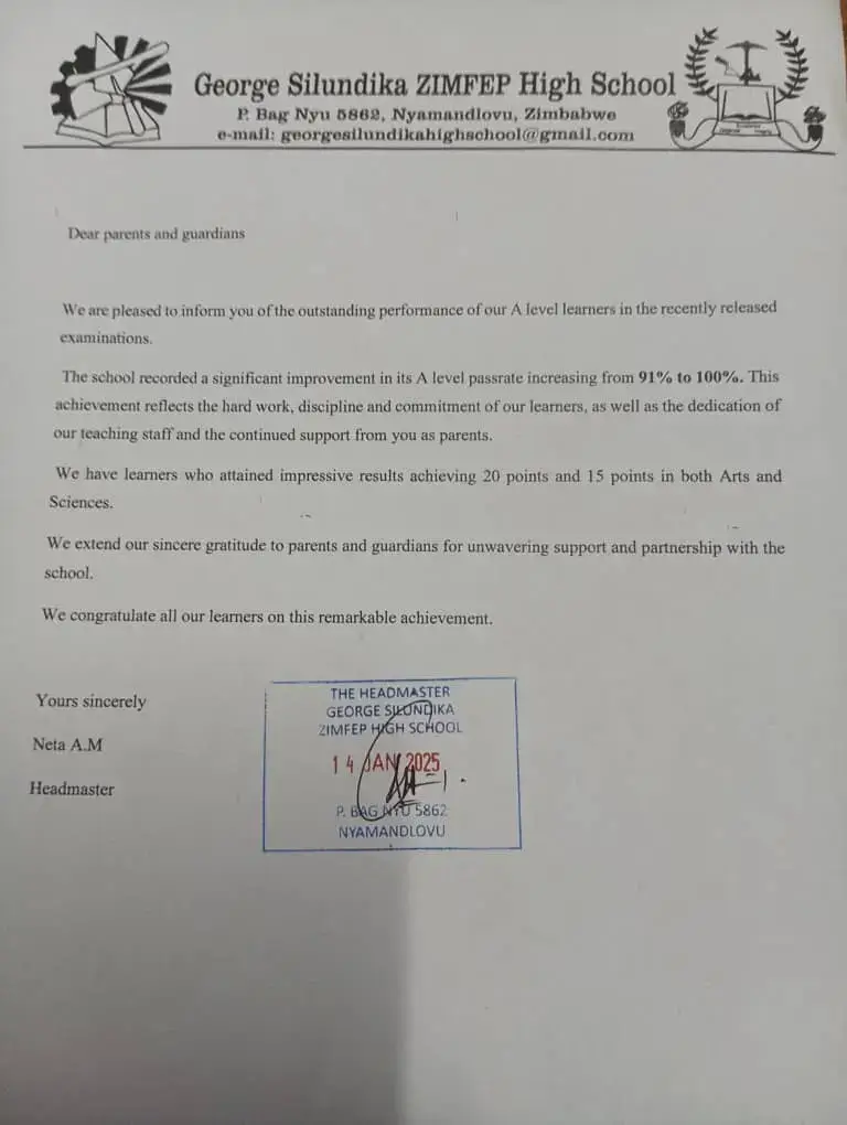 George Silundika High School 2025 a-level results