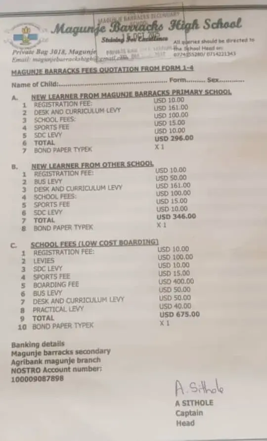 Magunje Barracks fees qoutation