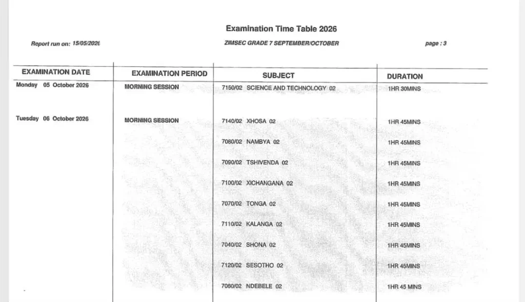 2026 grade 7 timetable