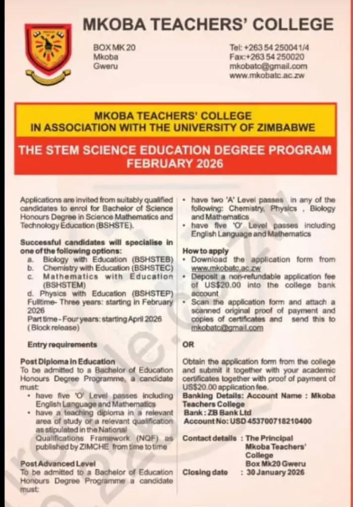 Mkoba Teachers College Stem Science Education Degree Program Feb 2026