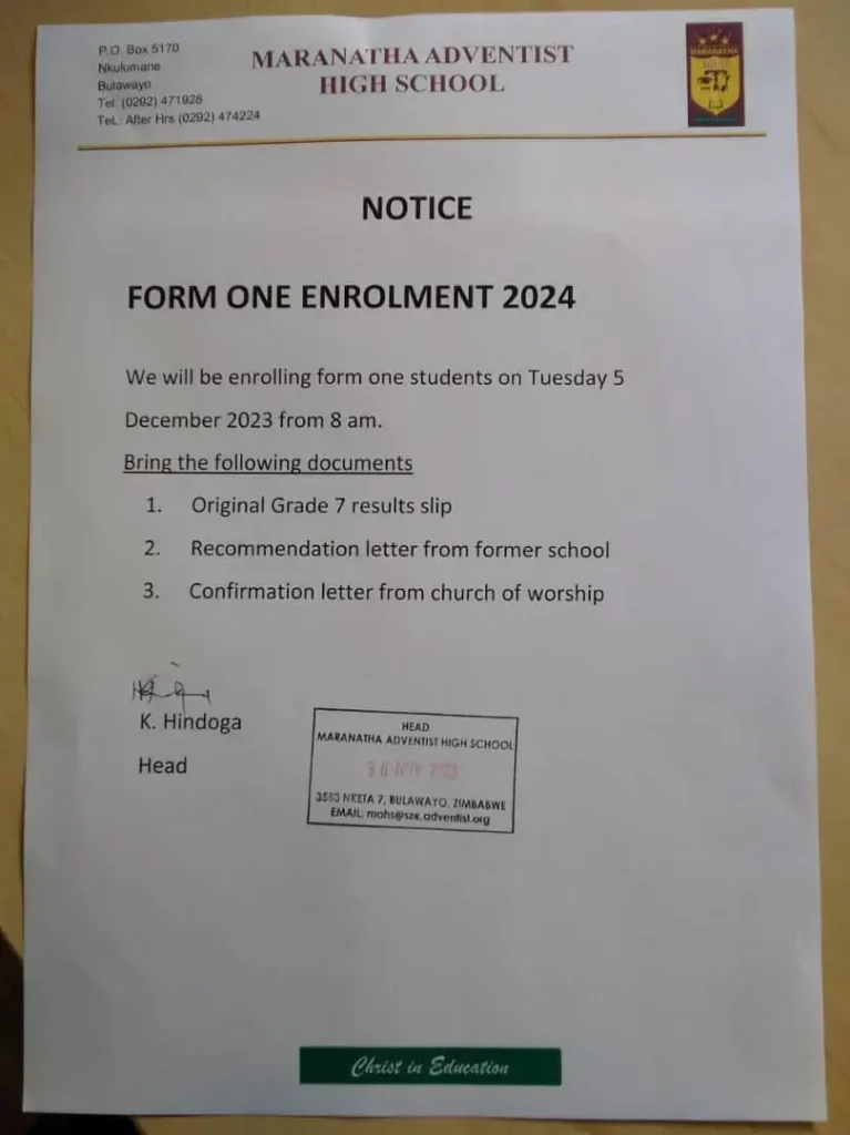 Maranatha Adventist high school Form 1 enrollment 