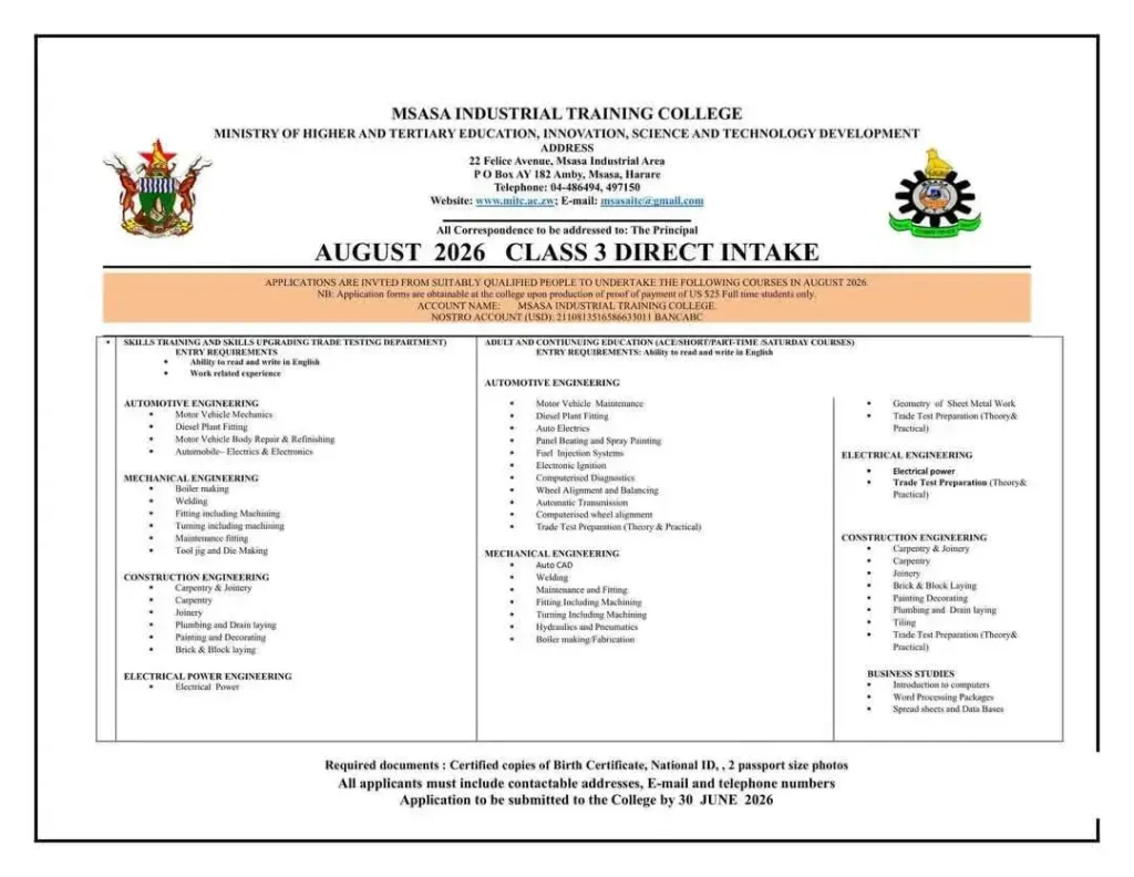 Msasa Industrial Training College August 2026 Intake