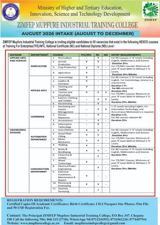 mupfure industrial training college August 2026 intake ad
