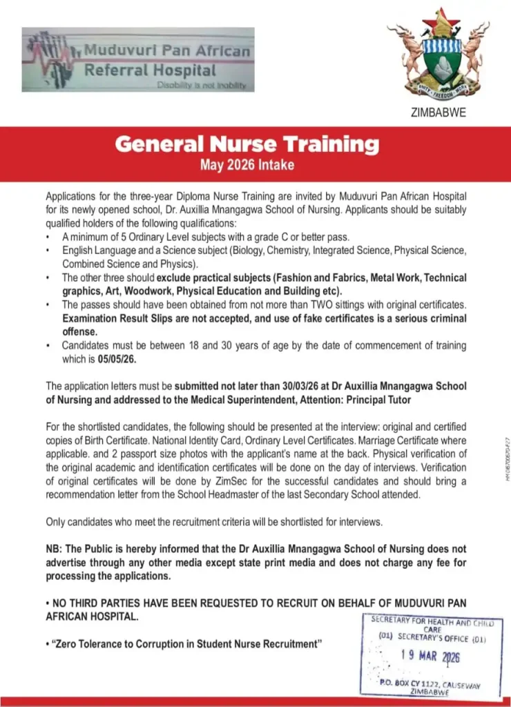Muduvuri Pan African Hospital General Nurse Intake May 2026