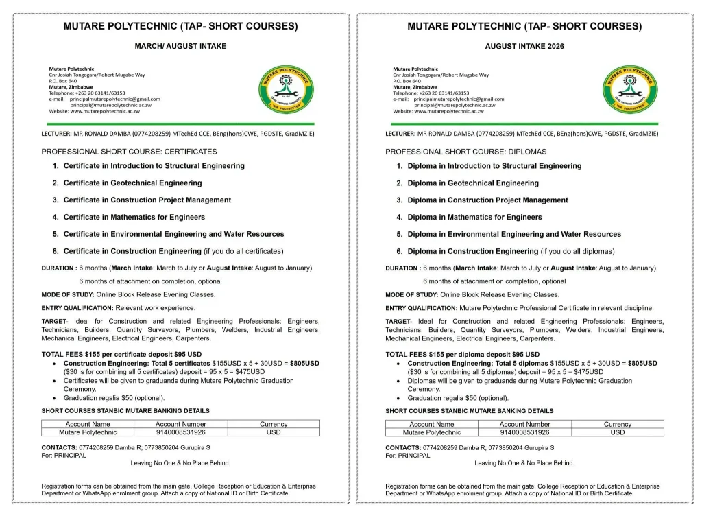 Mutare Polytechnic TAP Short Courses