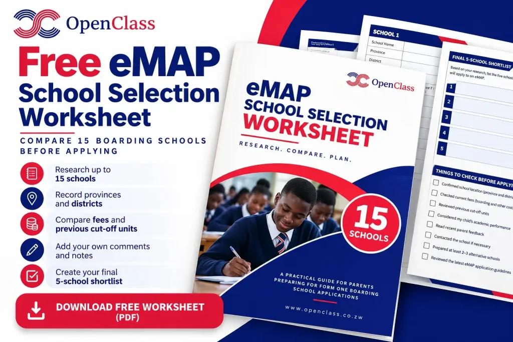 Free OpenClass eMAP school selection worksheet for comparing 15 boarding schools in Zimbabwe
